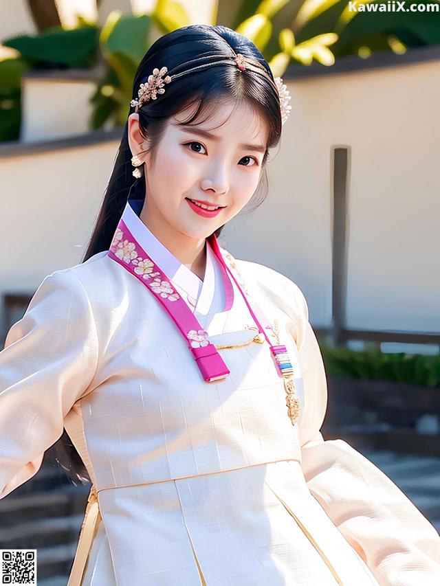 A woman in a white hanbok is posing for a picture.