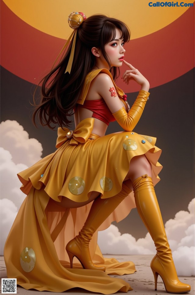 A woman in a yellow dress and thigh high boots.