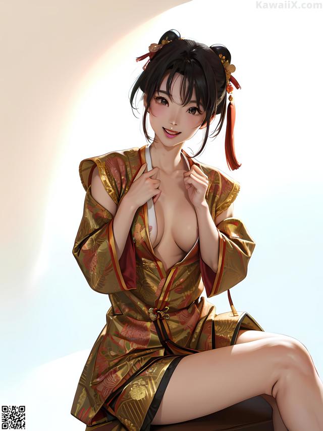 A woman in a kimono sitting on a stool.