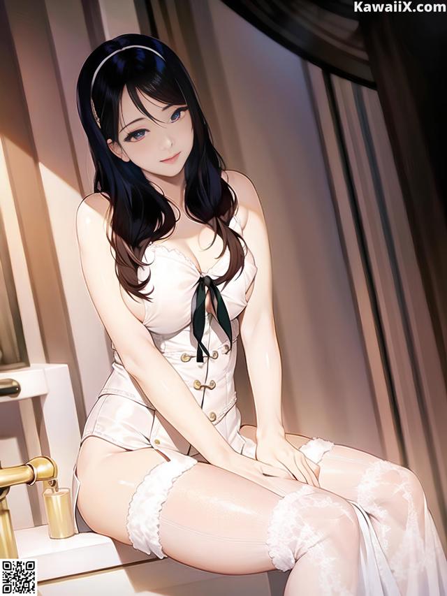 A woman in a white dress sitting on a bathtub.