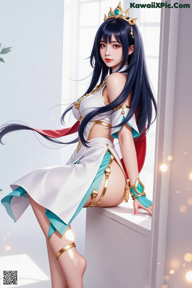 A woman in a white and blue outfit sitting on a window sill.