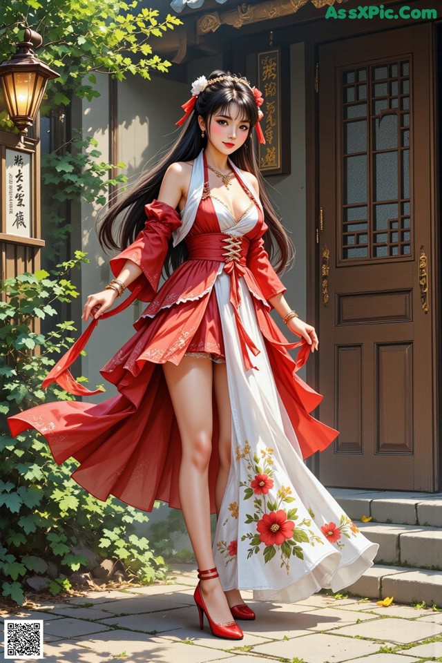 A woman in a red and white dress standing in front of a building.