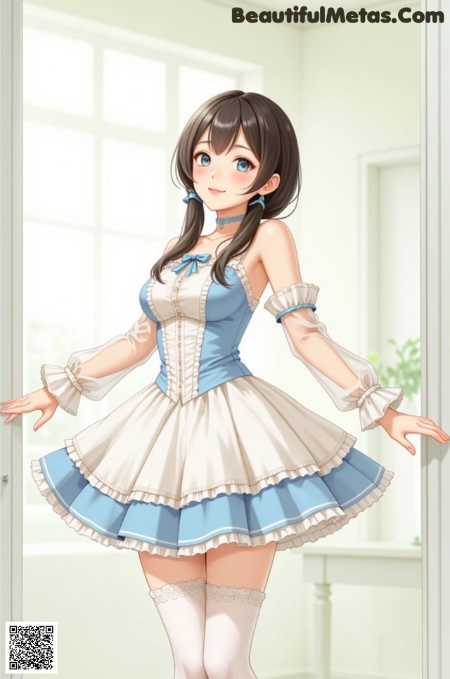 A woman in a blue and white dress standing in front of a window.