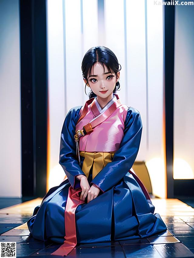 A woman in a blue and pink dress sitting on the floor.