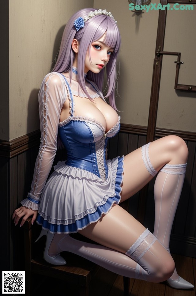 A woman in a blue and white dress sitting on a chair.
