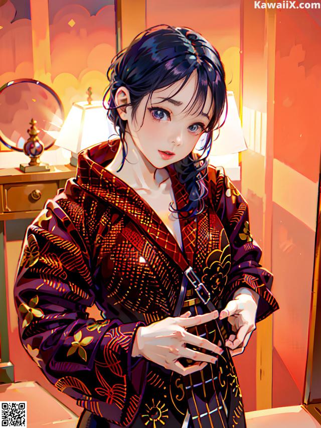 A woman in a kimono standing in front of a mirror.