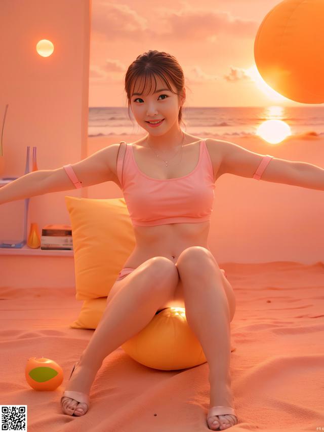 A woman in a pink bikini sitting on a beach ball.
