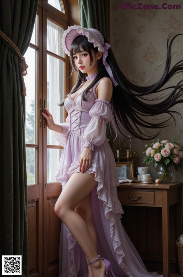 A woman in a purple dress and hat posing by a window.