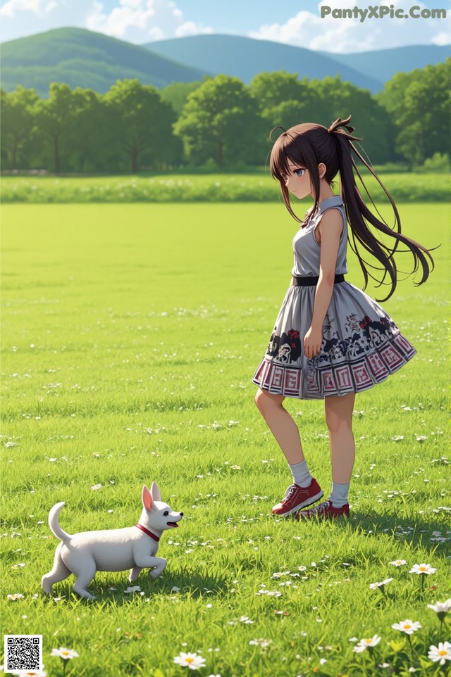 A girl walking a dog in a field of flowers.